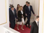 Na snímke zľava predseda Národnej rady SR Andrej Danko, prezidentka SR Zuzana Čaputová a predseda vlády SR Peter Pellegrini prichádzajú na rokovanie na Bratislavskom hrade 27. júna 2019.