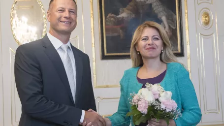 Na snímke prezidentka SR Zuzana Čaputová a minister spravodlivosti SR Gábor Gál počas prijatia v Bratislave 14. augusta 2019. 