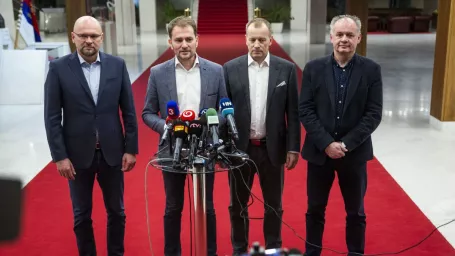 Na snímke lídri strán zľava Richard Sulík (SaS), Igor Matovič (OĽaNO), Boris Kollár (Sme rodina) a Andrej Kiska (Za ľudí)