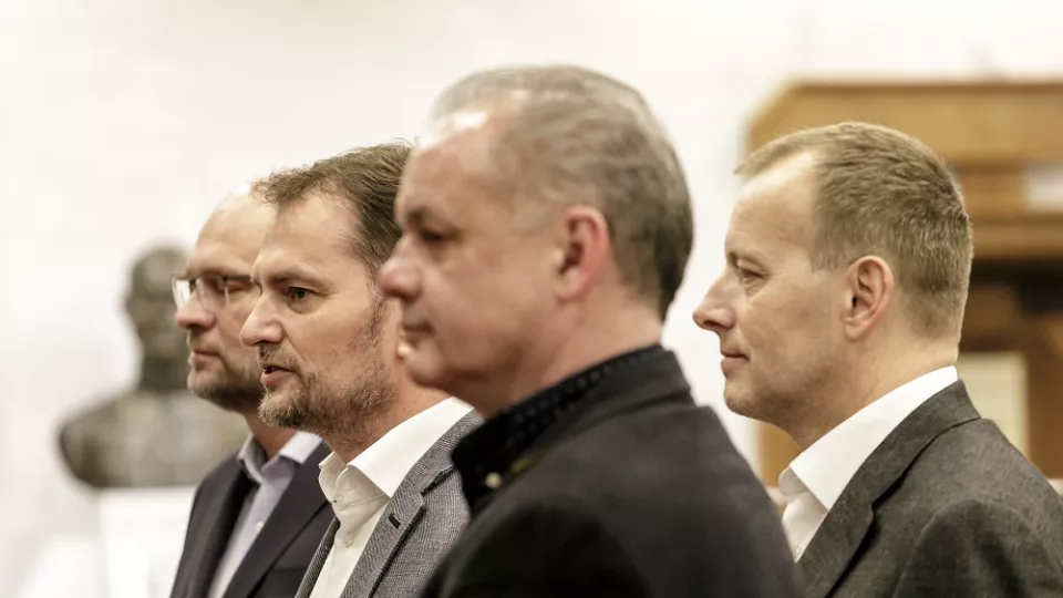 Na snímke lídri strán zľava Richard Sulík (SaS), Igor Matovič (OĽaNO), Andrej Kiska (Za ľudí) a Boris Kollár (Sme rodina) počas tlačovej konferencie po spoločnom stretnutí o možnej budúcej koaličnej vláde po voľbách do NRSR v Bratislave 5. marca 2020.