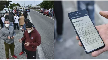 Na snímke repatrianti čakajú na spustenie inteligentnej karantény pomocou aplikácie eKaranténa na slovensko - rakúskom hraničnom priechode Bratislava - Berg