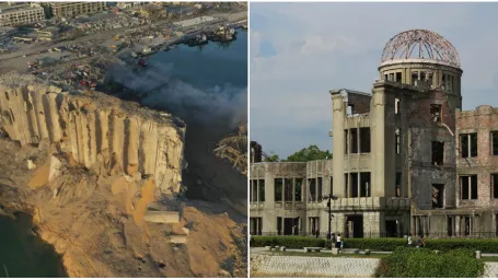 Obilné silo v Bejrúte a Atómový palác v Hirošime.