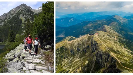 Na snímke vľavo turisti turisti na chodníku pri Popradskom plese vo Vysokých Tatrách, vpravo na leteckej snímke vrchol Chopka v Národnom parku Nízke Tatry.