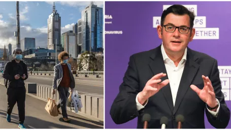 Ľudia s ochrannými rúškami kráčajú z centrálnej obchodnej štvrte v Melbourne, na druhej snímke je premiér austrálskeho štátu Viktória Daniel Andrews.