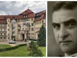 Na snímke budova kúpeľov - hotel Thermia Palace v Piešťanoch a Ľudovít (Lajos) Winter.