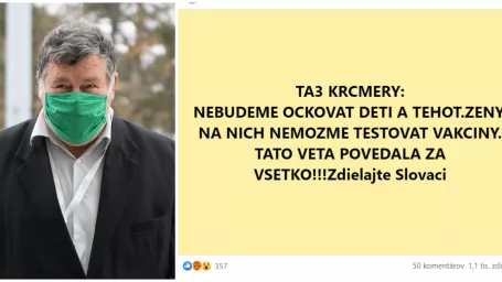 Na snímke je odborník a infektológ Vladimír Krčméry, druhý záber zobrazuje status, ktorý šíri slová Vladimíra Krčméryho o očkovaní. Kontext je zámerne zostrihaný a bez odborného vysvetlenia. 