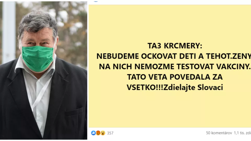 Na snímke je odborník a infektológ Vladimír Krčméry, druhý záber zobrazuje status, ktorý šíri slová Vladimíra Krčméryho o očkovaní. Kontext je zámerne zostrihaný a bez odborného vysvetlenia. 