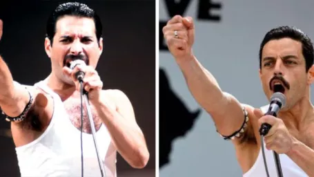 Vľavo Freddie Mercury, vpravo Rami Malek, ktorý ho stvárnil vo filme Bohemian Rhapsody.