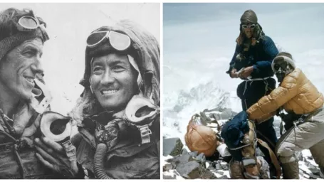 Vľavo: Edmund Hillary a Tenzing Norgay