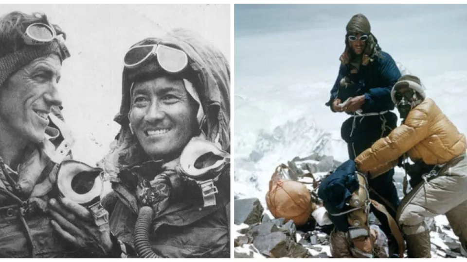 Vľavo: Edmund Hillary a Tenzing Norgay