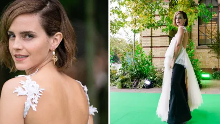 Emma Watson v outfite vytvorenom zo svadobných šiat z druhej ruky.