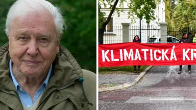 David Attenborough vľavo. Na snímke vpravo aktivisti klimatických iniciatív držia transparent s nápisom Klimatická kríza nepočká pred Úradom vlády SR.