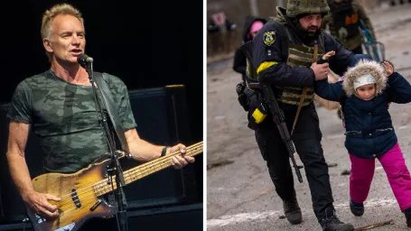 Sting / Ukrajinský policajt beží s dieťaťom počas evakuácie mesta Irpiň 