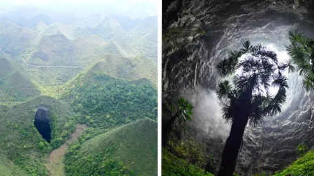 Fotografie z roku 2020 zobrazujú Nebeskú jamu v okrese Xuan'en.