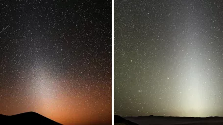 Zodiakálne svetlo nad havajskou sopkou Mauna Kea (vľavo) a pri pohľade z hory Cerro Paranal v Čile.