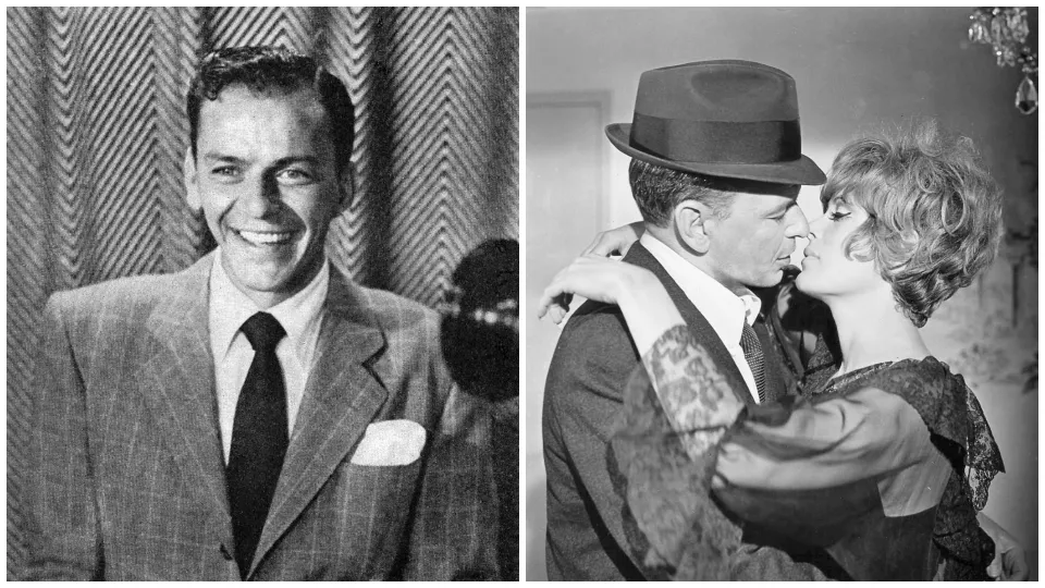 Vľavo: Frank Sinatra v roku 1950, vpravo s Jill St. John vo filme Tony Rome