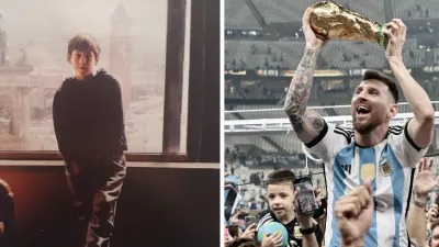 Vpravo mladý Leo keď mal 13 rokov a prišiel do Barcelony, vľavo Messi po zisku trofeje majstra sveta.