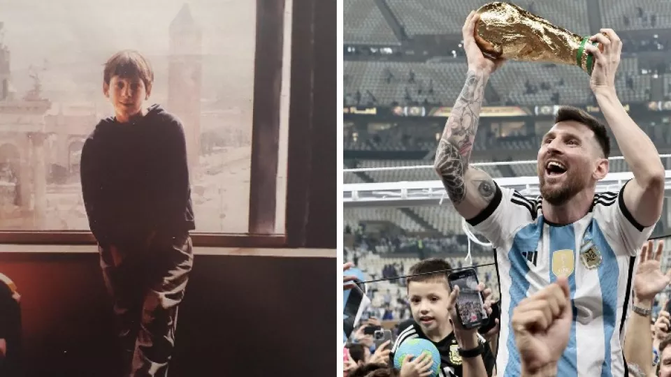 Vpravo mladý Leo keď mal 13 rokov a prišiel do Barcelony, vľavo Messi po zisku trofeje majstra sveta.