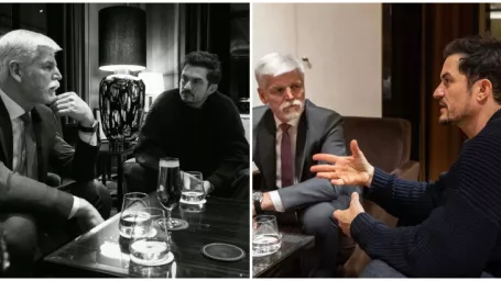 Český prezident Petr Pavel a herec Orlando Bloom.