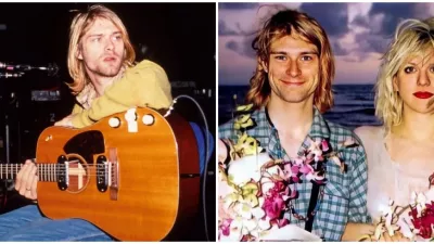 Spevák a líder kapely Nirvana Kurt Cobain (vľavo). Hudobník na svojej svadbe na Havaji aj s manželkou Courtney Love (vpravo).