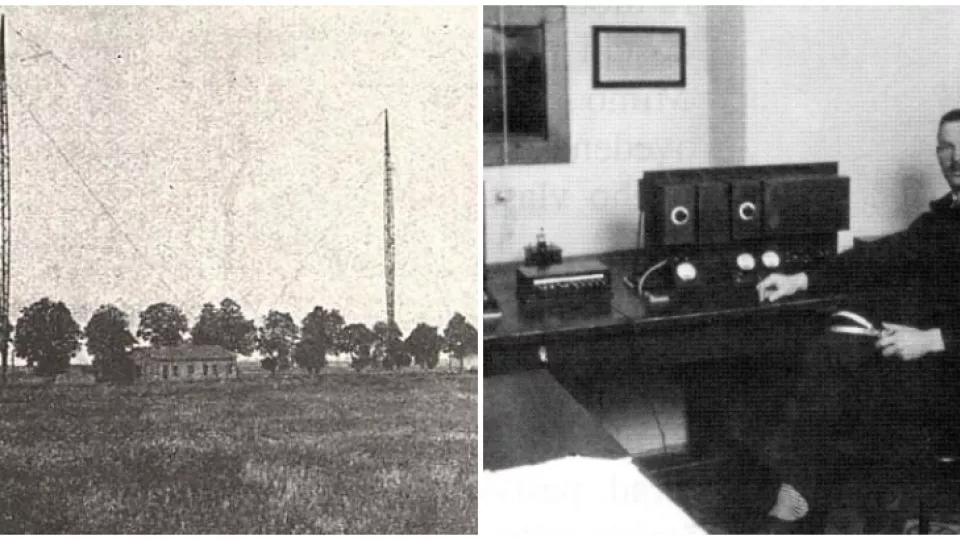 Vľavo: Vysielač Radiojournalu na letisku Praha-Kbely v 1924, vpravo hlásateľňa brnenského štúdia v roku 1928