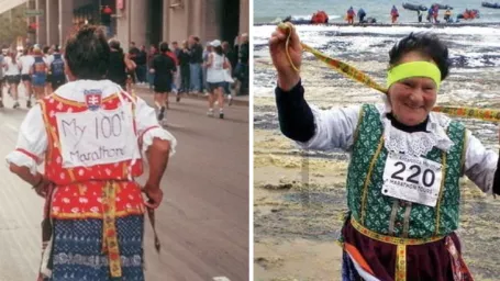 Vľavo pani Ľudka na svojom 100. maratóne, vpravo na tom poslednom