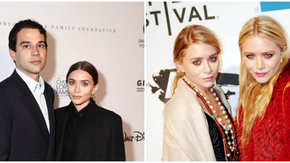 Vľavo Ashley Olsen s manželom Louisom Eisnerom, vpravo so sestrou Mary-Kate