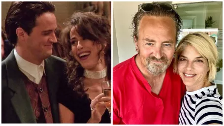 Vľavo: Matthew Perry s Maggie Wheeler v seriáli Priatelia, vpravo s herečkou Selmou Blair.