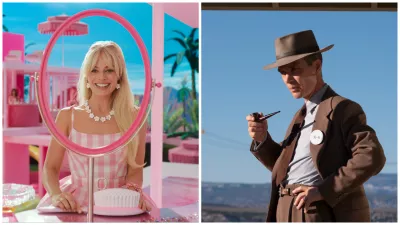 Vľavo Margot Robbie vo filme Barbie, vpravo Cilian Murphy vo filme Oppenheimer.