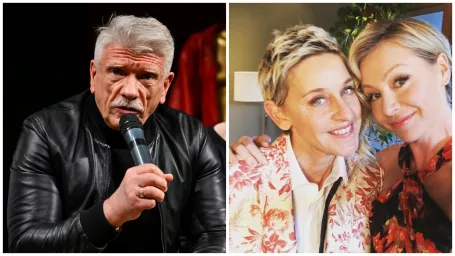 Herec Richard Stanke (vľavo) a moderátorka Ellen de Degeneres a Portia de Rossi (vpravo).