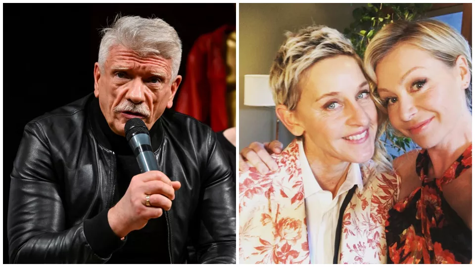 Herec Richard Stanke (vľavo) a moderátorka Ellen de Degeneres a Portia de Rossi (vpravo).