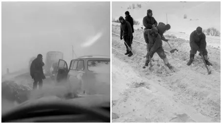 Na archívnej snímke z 1. februára 1963 tvrdé boje cestárov s prírodným živlom vo Východoslovenskom kraji.