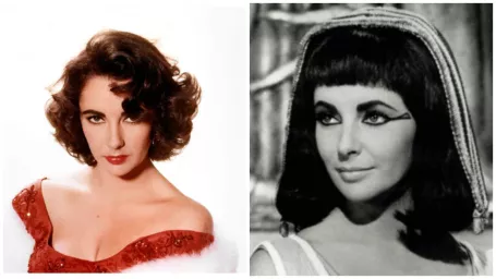 Vľavo Elizabeth Taylor v roku 1955, vpravo ako Cleopatra v roku 1961.