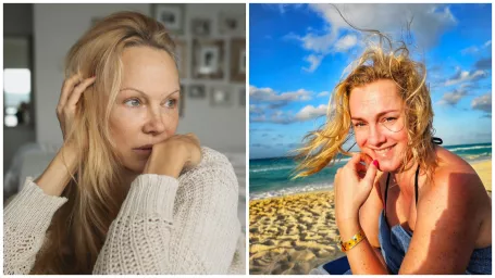 Americká herečka Pamela Anderson (vľavo) a slovenská herečka Monika Hilmerová (vpravo).