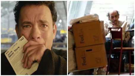 Tom Hanks vo filme Terminál / Mehran Karimi Nasseri na letisku v Paríži.