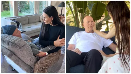 Bruce Willis s bývalou manželkou Demi Moore a s manželkou Emmou.