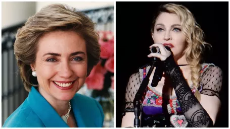 Bývalá prvá dáma USA Hillary Clinton (vľavo) a speváčka Madonna (vpravo).