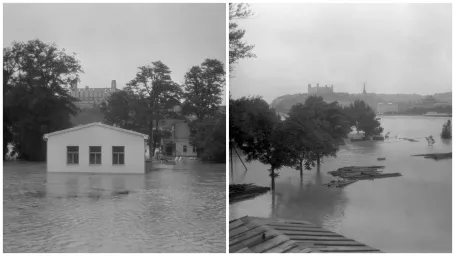 Stav vody na Dunaji dňa 13. júla 1954 dosiahol výšku 900 cm.