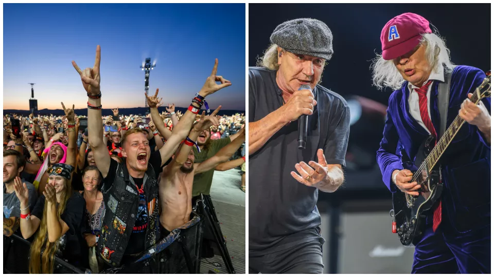 Fanúšikovia počas koncertu / Spevák Brian Johnson a  gitarista Angus Young