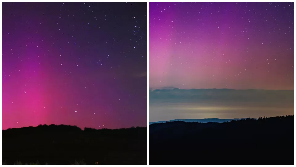 Polárna žiara nad obcou Svinia a nad Starou Ľubovňou.