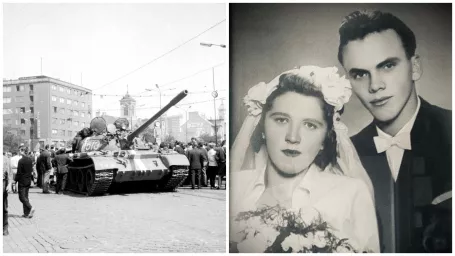 Na archívnej dokumentárnej snímke obyvatelia a tank na Štúrovej ulici a Námestí SNP v Bratislave 22.augusta 1968, deň po vstupe sovietskych tankov do mesta / Jozef a Mária Levákovci