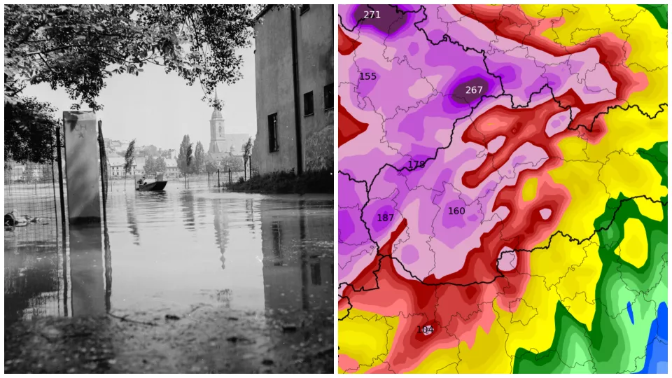 Petržalské nábrežie Dunaja v Bratislave počas povodne v júni 1965 / Očakávané úhrny zrážo