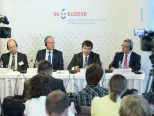 Na snímke sprava minister školstva a zamestnanosti Malty Evarist Bartolo, minister školstva, vedy, výskumu a športu SR Peter Plavčan, eurokomisár pre vzdelávanie, kultúru, mládež a šport Tibor Navracsics a prezident European Council for High Ability Péter Csermely počas tlačovej besedy po otvorení podujatia v oblasti vzdelávania – Konferencia o podpore rozvoja talentu 12. septembra 2016 v hoteli DoubleTree by Hilton v Bratislave. FOTO TASR  - Pavel Neubauer