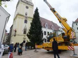 Na archívnej snímke osadenie vianočného stromu na Hlavnom námestí v Bratislave.